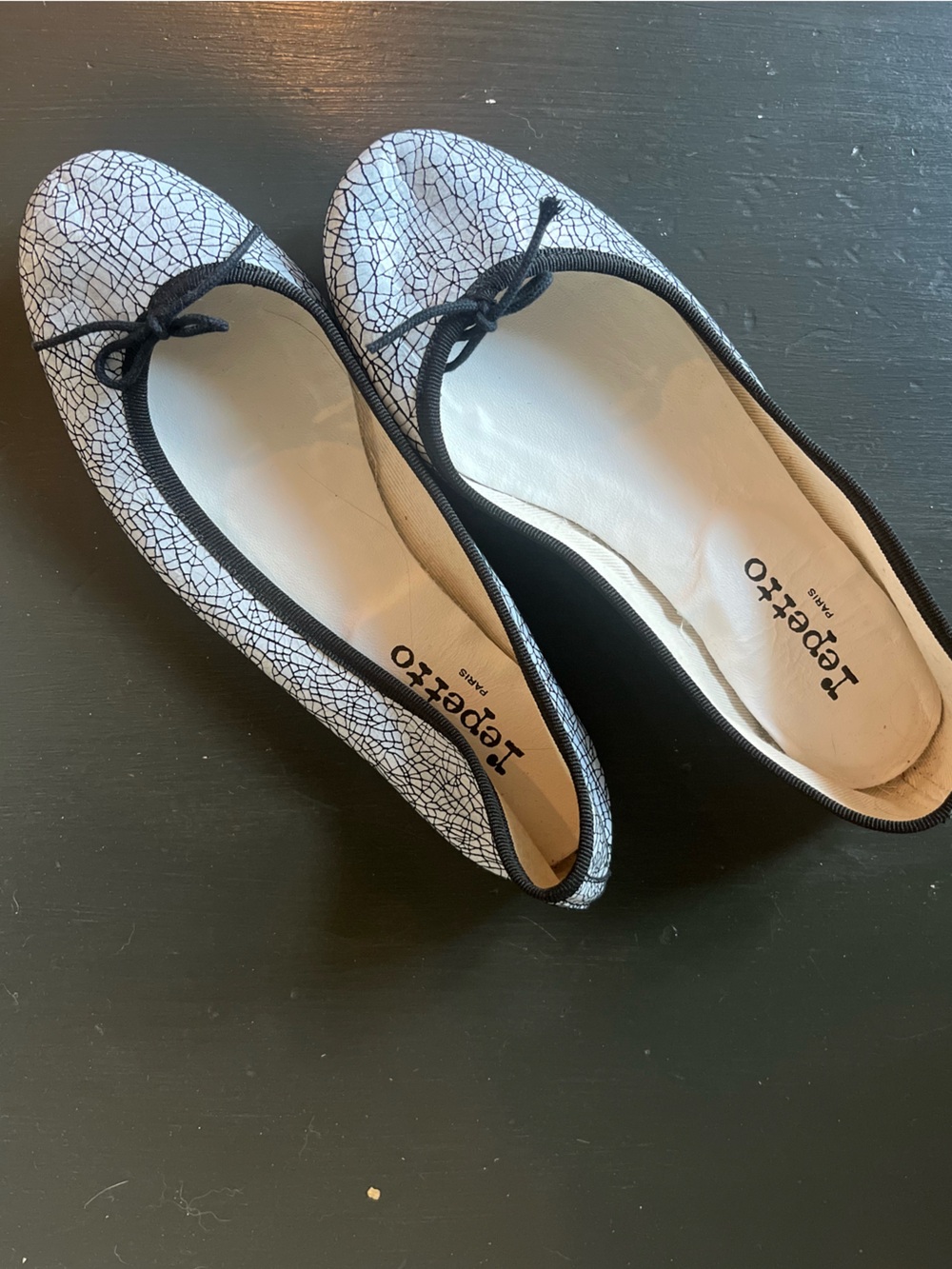 Beautiful Repetto Paris ballet flats, handmade in France in a striking silver/wh